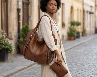 Vegan Leather Hobo Bag Set with Wristlet Clutch, Large Tote Purse, Adjustable Strap