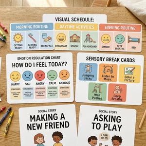 Può includere: Ausili visivi educativi per bambini, tra cui un programma visivo, una tabella di regolazione delle emozioni, schede di pausa sensoriale e storie sociali. Il set include schede con illustrazioni e testo, insieme a pastelli e adesivi. Il tema è progettato per le routine quotidiane.