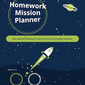 Homework Planner for Kids with ADHD, Focus Mission Tracker, 5-Minute Starts & Brain Break Menu, Fillable (PDF Digital Download)