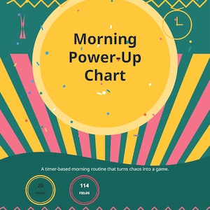 May include: A digital chart titled Morning Power-Up Chart with a large yellow circle on a teal background featuring pink and yellow sunburst stripes. It includes text stating The Family Ground, Kids with ADHD, 20 pages, 114 fields, and ages 6 to 12.