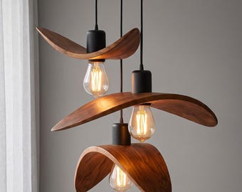 Sculptural Wood Pendant Light, 3 Light Curved Chandelier