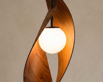 Sculptural Walnut Pendant Light, Modern Globe Ceiling Lamp