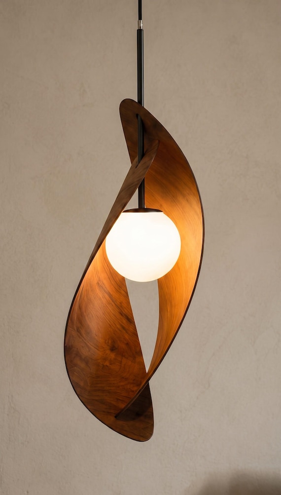 Sculptural Walnut Pendant Light, Modern Globe Ceiling Lamp