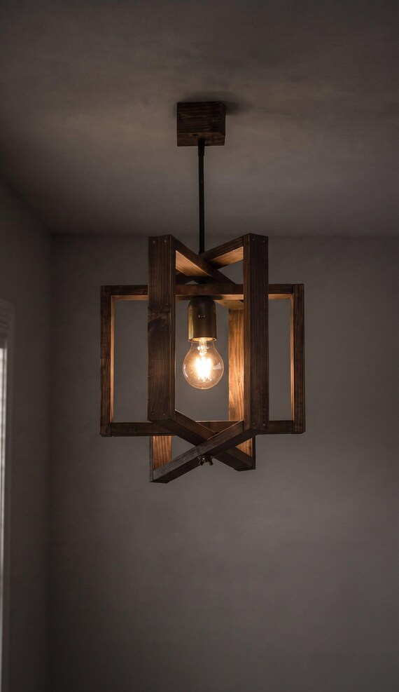 Geometric Wood Pendant Light, Rustic Cage Chandelier