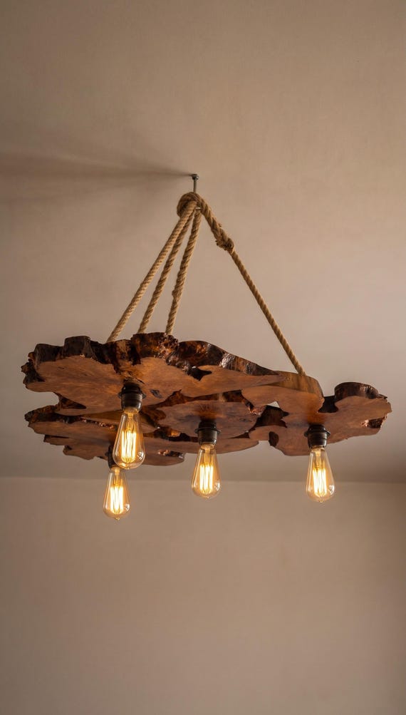 Rustic Wood Chandelier, Live Edge Rope Ceiling Light