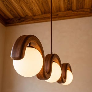 Lámpara de araña de madera con 3 globos, lámpara colgante con diseño de onda escultural.