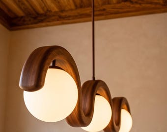 3-bolvormige houten kroonluchter, sculpturale golfvormige hanglamp