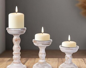 Handmade Wood Pillar Candle Holder Set of 3 Table Centerpiece