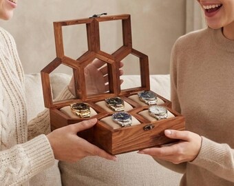 Handmade Rosewood Luxury Watch Box, Pentagon Display Organizer with Glass Lid 1–5 Slot