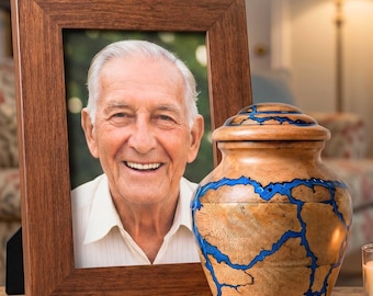 Handmade Cremation Urns for Human Ashes with Photo Frame, Blue Resin Wooden Memorial Keepsake Urn