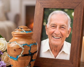 Handmade Rosewood Cremation Urns for Human Ashes, Multi Resin Inlay Memorial Urn, Wooden Funeral Urn with Photo Frame