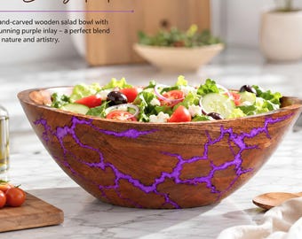 Grand saladier en bois de manguier avec couverts, décor Lichtenberg en résine violette, saladier de service en bois fait main de 32 cm (12,5 pouces).