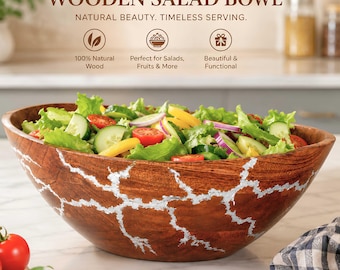 Mango Wood Salad Bowl Set with Servers, 12.5 Inch Handmade Bowl, Resin Lichtenberg Design, Rustic Serving Bowl, Custom Color