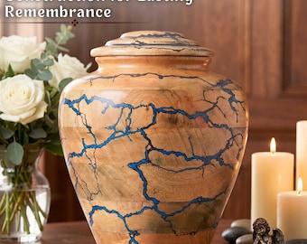 Wooden Cremation Urn with Photo Frame, Handmade Memorial Urn for Human Ashes, Blue Resin Inlay Funeral Urn