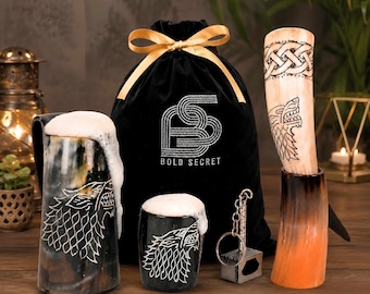 Handmade Viking Drinking Horn Mug & Cup Set, 6-Piece Norse Collection, Wolf Engraved Mug, Shot Glass, Hammer Opener