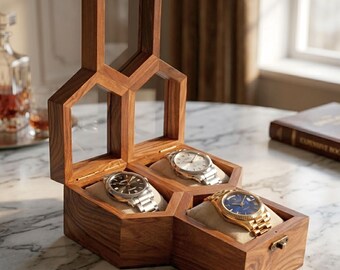 Handmade Rosewood Luxury Watch Box, Pentagon Display Organizer with Glass Lid 1–5 Slot