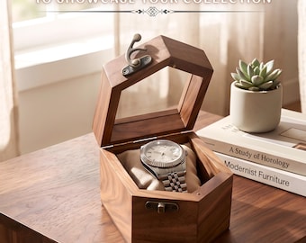 Handmade Rosewood Luxury Watch Box, Pentagon Display Organizer with Glass Lid 1–5 Slot