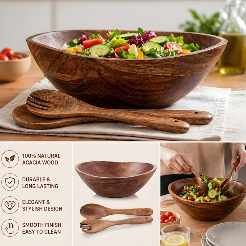Peut inclure: Un saladier en bois avec une salade &agrave; l'int&eacute;rieur, accompagn&eacute; de deux cuill&egrave;res de service en bois. Le saladier et les cuill&egrave;res sont en bois d'acacia. La salade contient des tomates, des concombres et de la laitue. Le texte de l'image dit "100% Natural Acacia Wood".