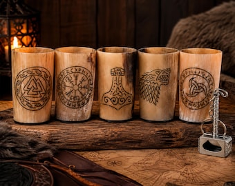 Viking Drinking Horn Cups Set of 5, Norse Horn Mugs with Thor Hammer Opener, Handmade Medieval Gift