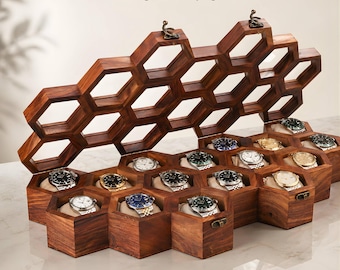 Luxury Handmade Wooden Watch Organizer, Rosewood Honeycomb Watch Display Box with Glass Top