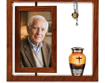 Memorial Picture Frame with Mini Keepsake Urn & Heart Necklace Urn, Cremation Ashes Holder, Wooden 360 Frame