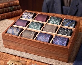 Wood Tie Display Shelf, Tie Organizer Box with 12 Compartments, Wooden Tie Display Case, Groomsmen Gift, Belt Socks Jewelry Storage