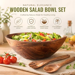 Peut inclure: Un ensemble de saladiers en bois avec un grand saladier marron fonc&eacute; rempli de salade, accompagn&eacute; d'ustensiles de service en bois. L'ensemble comprend une fourchette et une cuill&egrave;re. Le texte indique "Wooden Salad Bowl Set" et "Crafted by Nature, Made for Healthy Living."