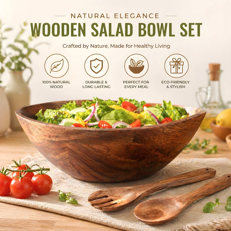 Peut inclure: Un ensemble de saladiers en bois avec un grand saladier marron fonc&eacute; rempli de salade, accompagn&eacute; d'ustensiles de service en bois. L'ensemble comprend une fourchette et une cuill&egrave;re. Le texte indique "Wooden Salad Bowl Set" et "Crafted by Nature, Made for Healthy Living."