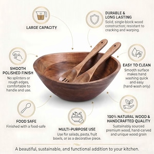 Peut inclure: Un grand saladier en bois marron avec deux cuill&egrave;res de service assorties. Le bol est rond avec une finition lisse et polie. Le texte de l'image indique qu'il est s&ucirc;r pour les aliments, facile &agrave; nettoyer et polyvalent.