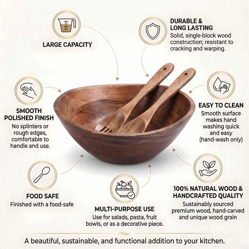 Peut inclure: Un grand saladier en bois marron avec deux cuill&egrave;res de service assorties. Le bol est rond avec une finition lisse et polie. Le texte de l'image indique qu'il est s&ucirc;r pour les aliments, facile &agrave; nettoyer et polyvalent.