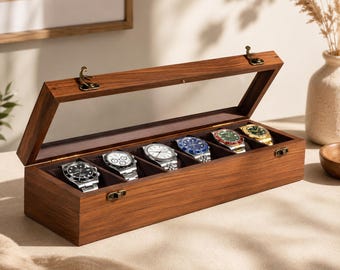 Wooden Watch Box for Men, 6 Slot Watch Organizer, Handmade Wood Watch Case, Luxury Watch Storage
