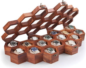 Handmade Rosewood Watch Box, Honeycomb Display Organizer with Glass Lid