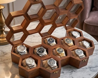 Handcrafted Rosewood Watch Display Case, Honeycomb Wooden Watch Organizer with Glass Lid, 1-24 Slot