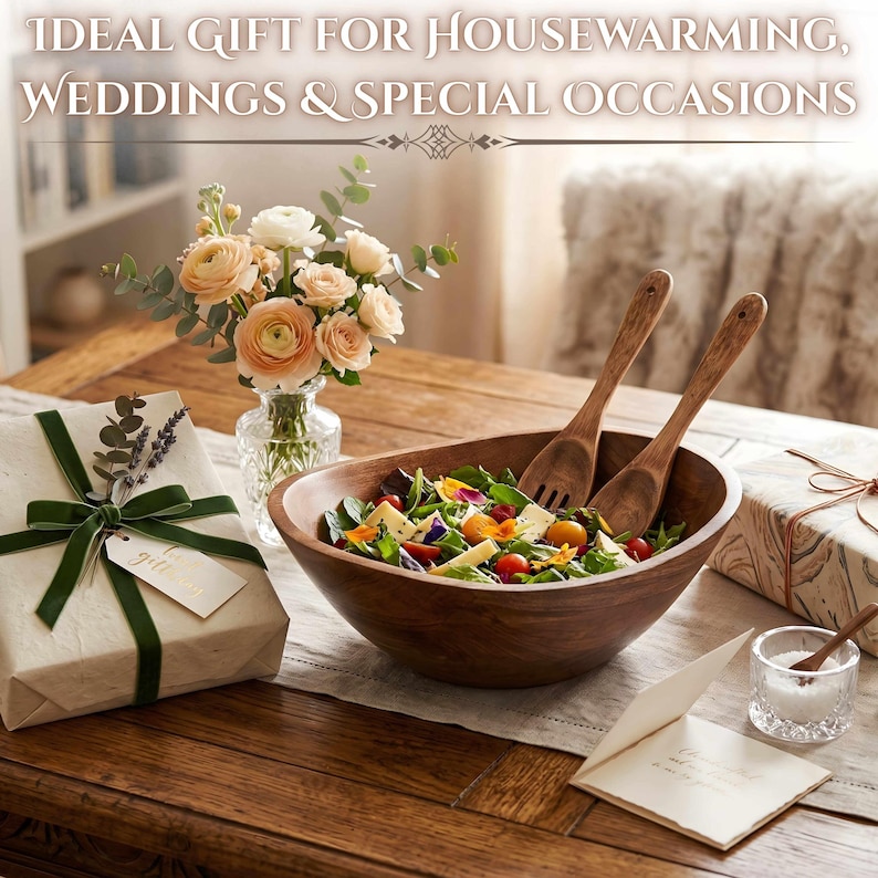 Peut inclure: Un saladier en bois avec des couverts &agrave; salade, un cadeau emball&eacute; avec un ruban vert et un bouquet de fleurs dans un vase en verre. Un petit verre de sel et une carte sont &eacute;galement sur la table en bois.