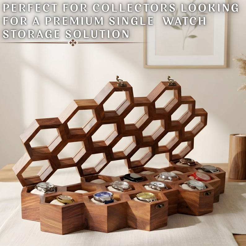 Single Watch Storage Handmade Rosewood Watch Box, Honeycomb Display Organizer With Glass Lid ...