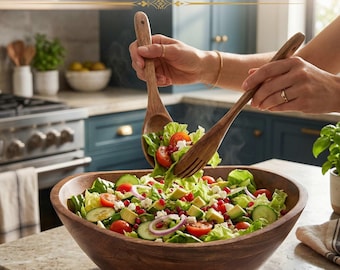 12.5” Mango Wood Salad Bowl Set with Servers, Personalized Wooden Bowl
