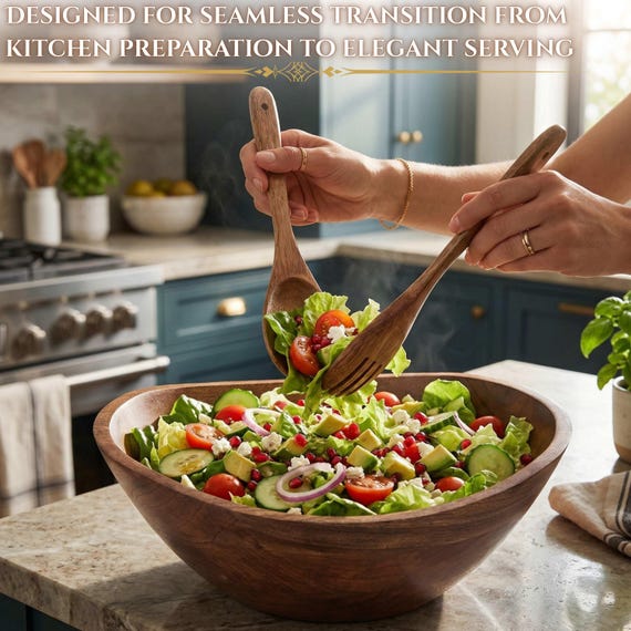12.5” Mango Wood Salad Bowl Set with Servers, Personalized Wooden Bowl