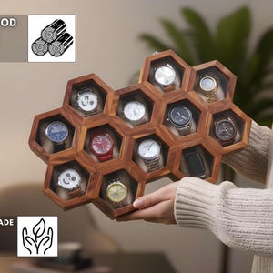 May include: A handmade watch display case with a rosewood finish and a honeycomb design. The case holds 12 watches, each visible through a clear window. The watches have various band and face colours.