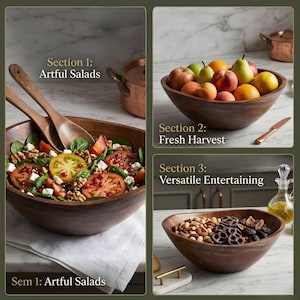 Peut inclure: Trois bols de service en bois remplis de nourriture. L'un contient une salade, un autre des fruits frais et le troisi&egrave;me des noix et des bretzels. Le texte sur l'image indique "Artful Salads", "Fresh Harvest" et "Versatile Entertaining".