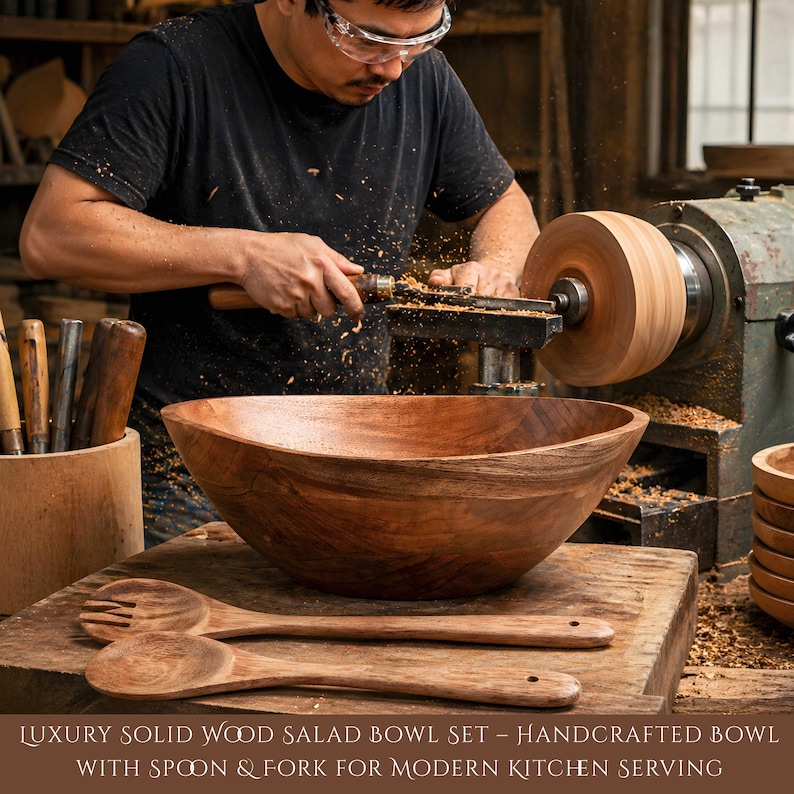 Peut inclure: Un ensemble de saladiers en bois faits &agrave; la main, comprenant une cuill&egrave;re et une fourchette. Le grand saladier ovale est de couleur marron fonc&eacute;. L'ensemble est pr&eacute;sent&eacute; sur une surface en bois, avec un artisan travaillant sur un bol similaire en arri&egrave;re-plan.