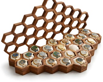 Handmade Rosewood Watch Box, Honeycomb Display Organizer with Glass Lid