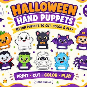 May include: A digital PDF sheet featuring 10 Halloween hand puppets to cut, color, and play. The characters include a pumpkin, ghost, black cat, bat, witch, vampire, Frankenstein monster, mummy, blue monster, and spider, with the text Little Mind Lab.