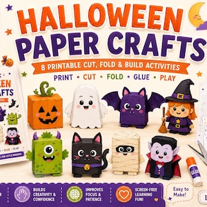 Könnte beinhalten: Ein digitales PDF-Set mit Halloween-Papierbastelarbeiten, das acht druckbare Aktivitäten für Kinder enthält. Es umfasst ein spiralgebundenes Arbeitsbuch sowie Papierfiguren von Kürbis, Geist, Fledermaus, Hexe, Monster, Katze, Mumie und Vampir.