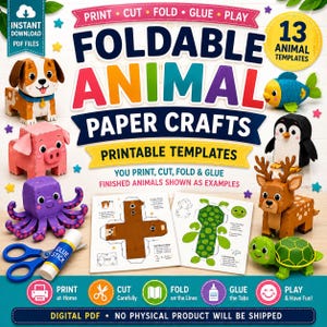 Può includere: Un set digitale in PDF di 13 modelli di carta pieghevoli di animali da stampare. L'immagine mostra un cane, un maiale, un polpo, un pesce, un pinguino, un cervo e una tartaruga, insieme a forbici, una colla stick e fogli di istruzioni.