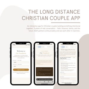 May include: Three smartphones displaying the interface of "The Long Distance Christian Couple App." The app's interface features text and prompts for couples, including sections on faith, finances, and family. The app's design is clean with a neutral color palette.
