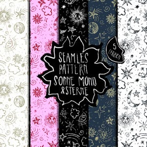 May include: A collection of five seamless patterns featuring celestial designs. The patterns include hand-drawn suns, moons, stars, and clouds in various colors, including pink, black, and navy. The text "SEAMLESS PATTERN SONNE MOND & STERNE" is displayed.