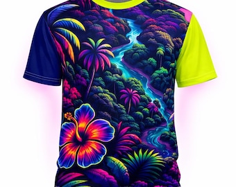 Neon Tropical Hibiscus River Tee | Festival Shirt | Neon Glow Jungle Print