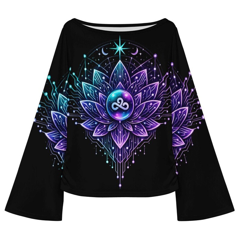 Astral Bloom Circuitry Long Sleeve | UV Neon Lotus Shirt | Festival Techwear Top image 4