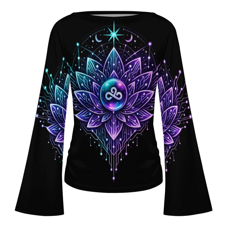 Astral Bloom Circuitry Long Sleeve | UV Neon Lotus Shirt | Festival Techwear Top image 3