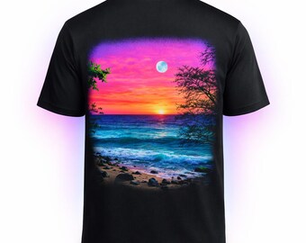 Tropical Sunset Beach Scene Tee | Vibrant Ocean Print Shirt | Summer Festival Top